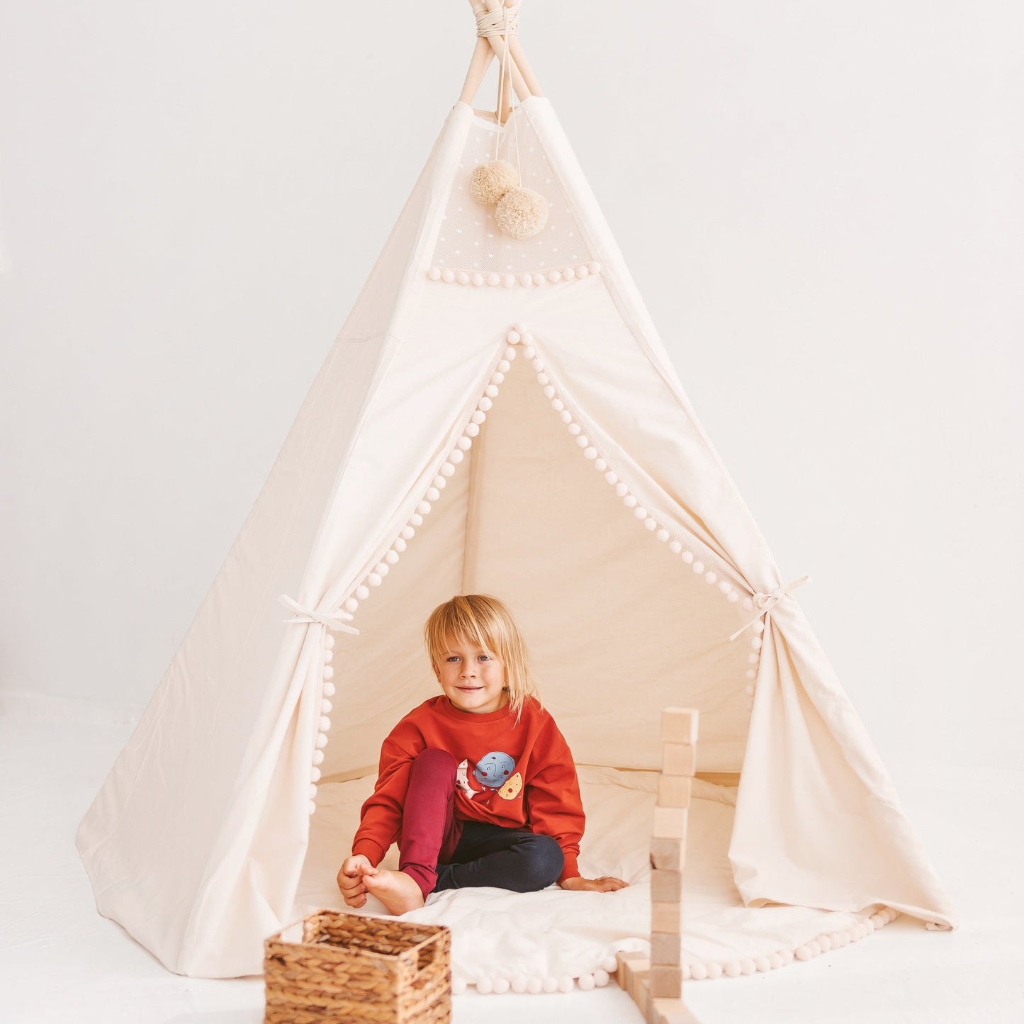 MINICAMP Extra Large Kids Teepee Tent with Pom Pom Decor - Flossie & George