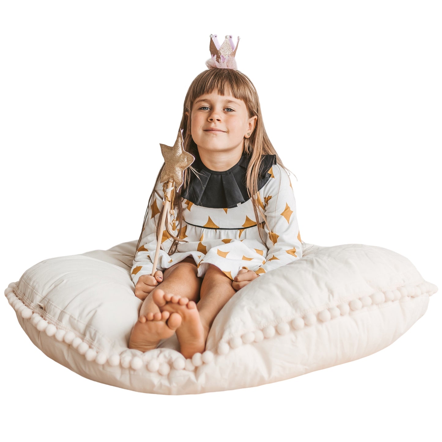 MINICAMP Large Floor Cushion with Pom Poms in Ecru - Flossie & George