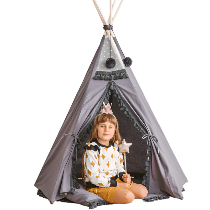 MINICAMP Grey Teepee for Kids with Tassel Decor - Flossie & George