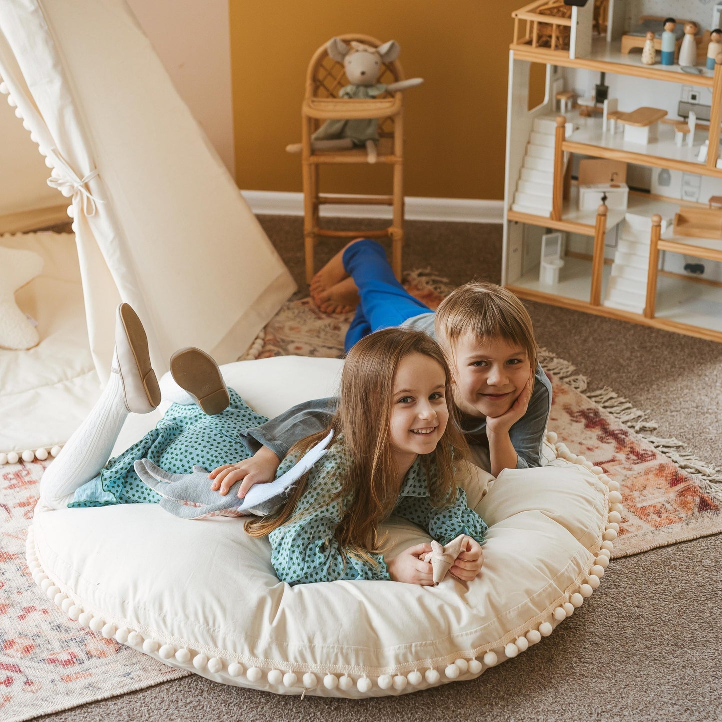 MINICAMP Large Floor Cushion with Pom Poms in Ecru - Flossie & George