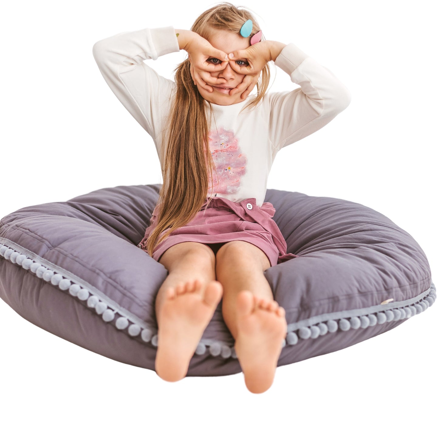 MINICAMP Large Floor Cushion with Pom Poms in Grey - Flossie & George
