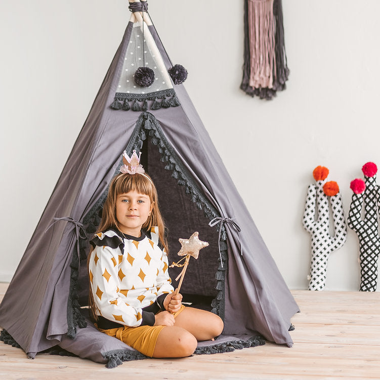 MINICAMP Grey Teepee for Kids with Tassel Decor - Flossie & George