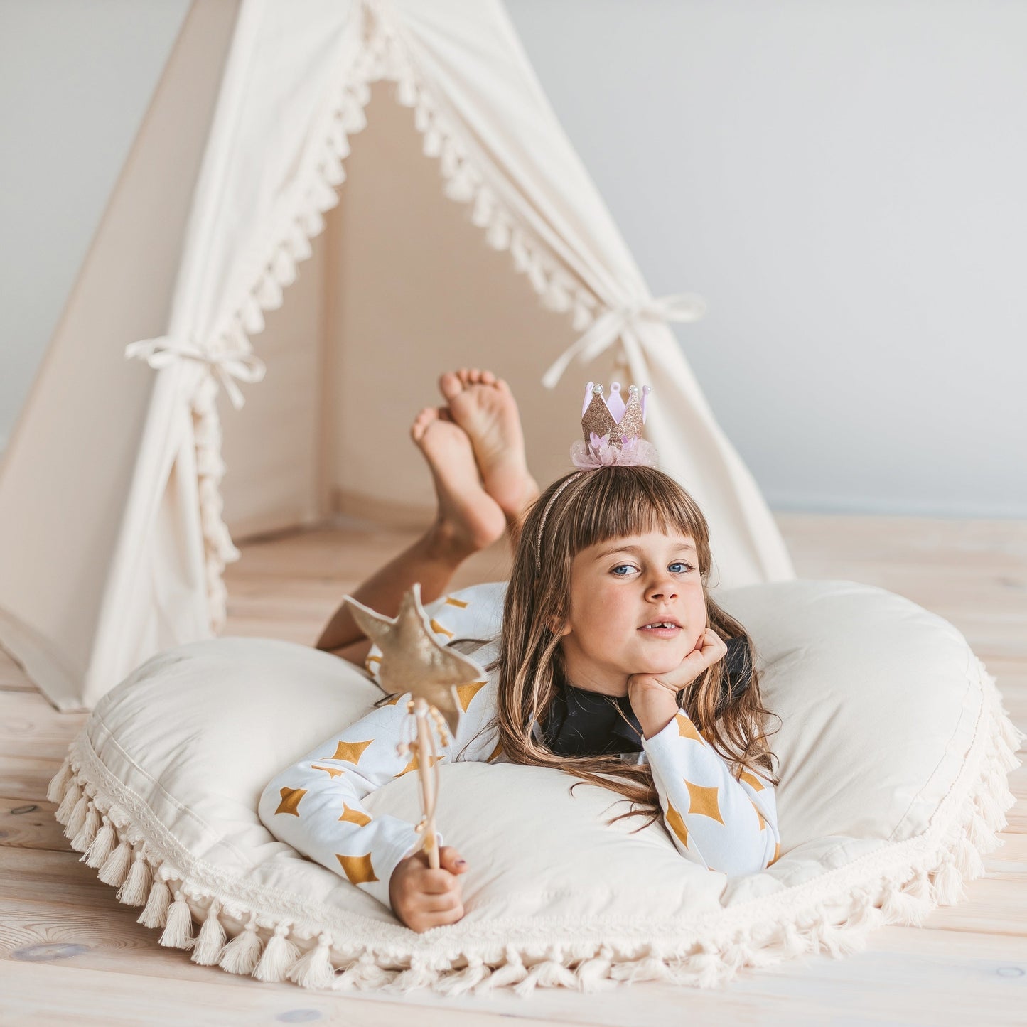 MINICAMP Large Floor Cushion with Tassels in Ecru - Flossie & George