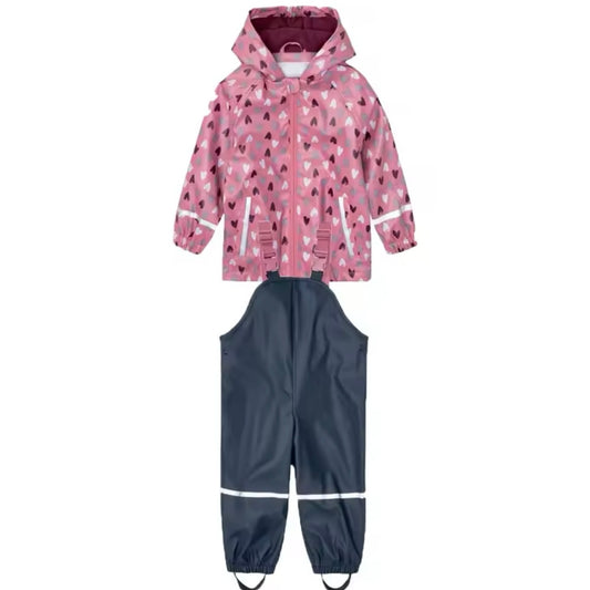 Kids Hooded Waterproof Puddle Suit Set | Navy / Pink Hearts