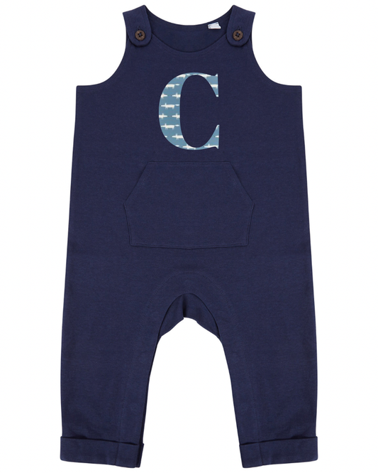 Embroidered Initial Navy Organic Cotton Dungarees - Flossie & George