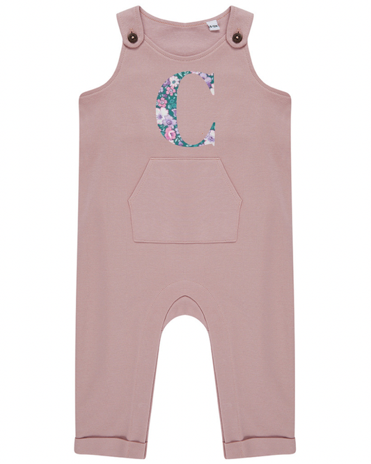 Embroidered Initial Pink Organic Cotton Dungarees - Flossie & George