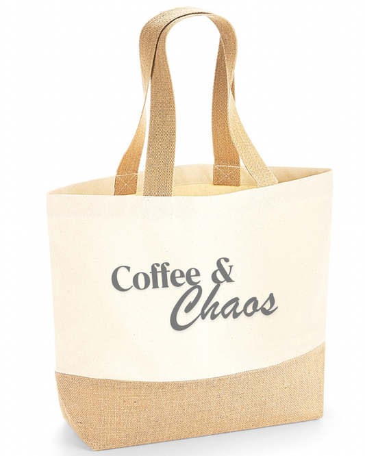 Coffee & Chaos Jute Base Canvas Tote Bag - Flossie & George