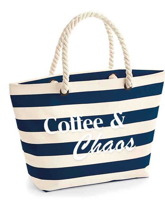 Coffee & Chaos Nautical Beach Bag - Striped Canvas Tote - Flossie & George